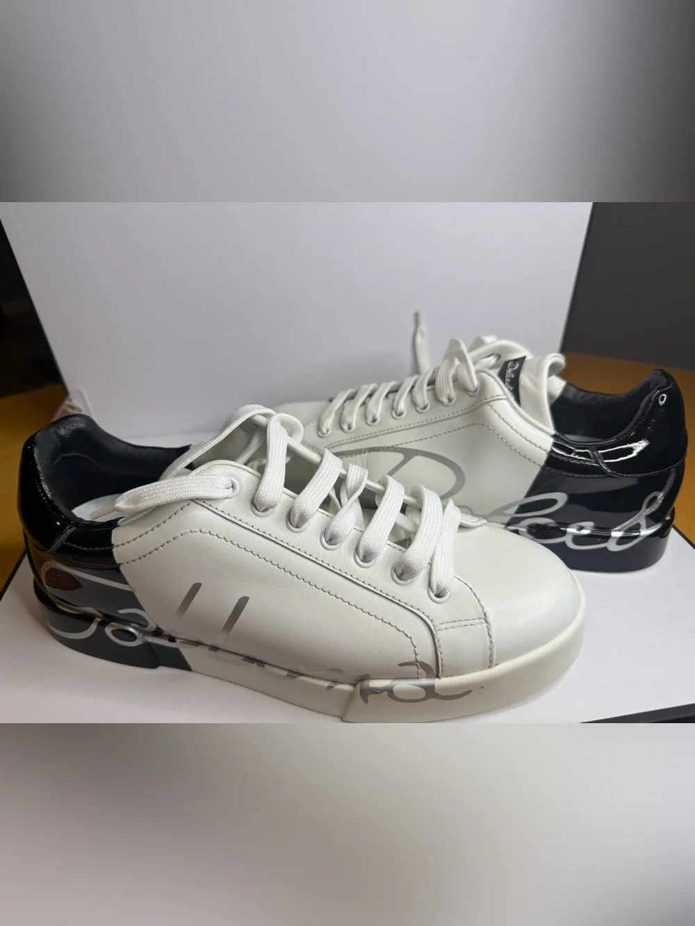 Dolce & Gabbana White Leather Lace-Up Sneakers with Gray Logo Detail